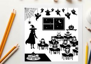 Halloween classroom scene with witch and children in silhouette