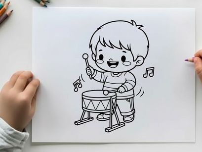 Cute child playing drums happy music vector illustration