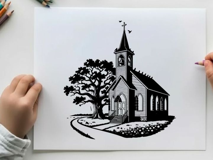 Silhouette of a small church with steeple and tree