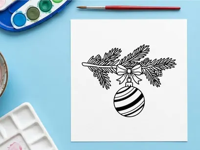 Christmas bauble hanging on a pine branch, festive holiday line art illustration.