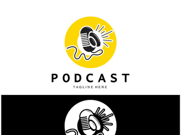 podcast logo with microphone and earphone audio, radio waves. for studio, talk show, chat, information sharing, interview, multimedia and web. preview picture