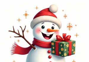 A cheerful snowman wearing a Santa hat and scarf.