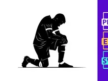 Soccer player kneeling on one knee in contemplation or injury assessment