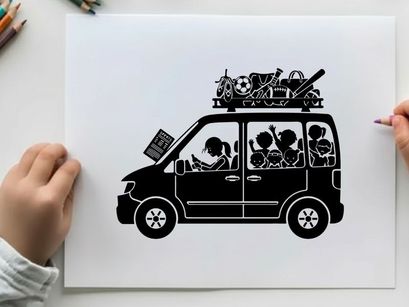 Silhouette of a family's road trip adventure in a van
