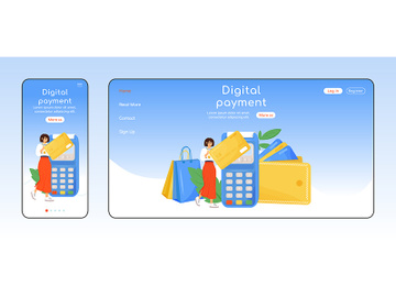 Digital payment adaptive landing page flat color vector template preview picture