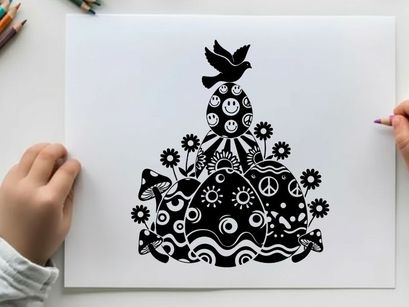 Black silhouette art of a smiling mushroom with flowers and peace signs