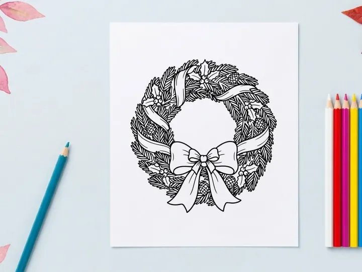 Christmas wreath line art illustration with pine branches and a decorative festive bow