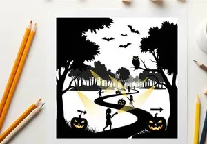 Halloween silhouette of children trick or treating in a spooky forest with jack o lanterns