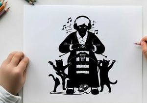 Silhouette of a person with cats and music silhouette