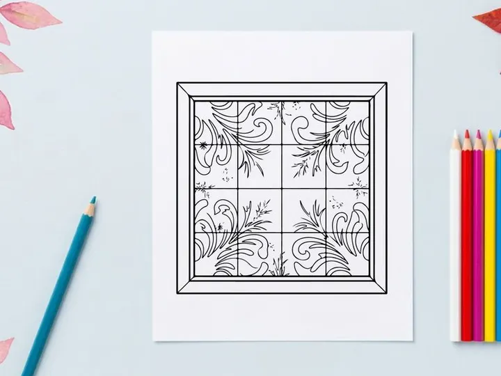 Christmas window decal with snowflake and floral swirl patterns on a glass pane