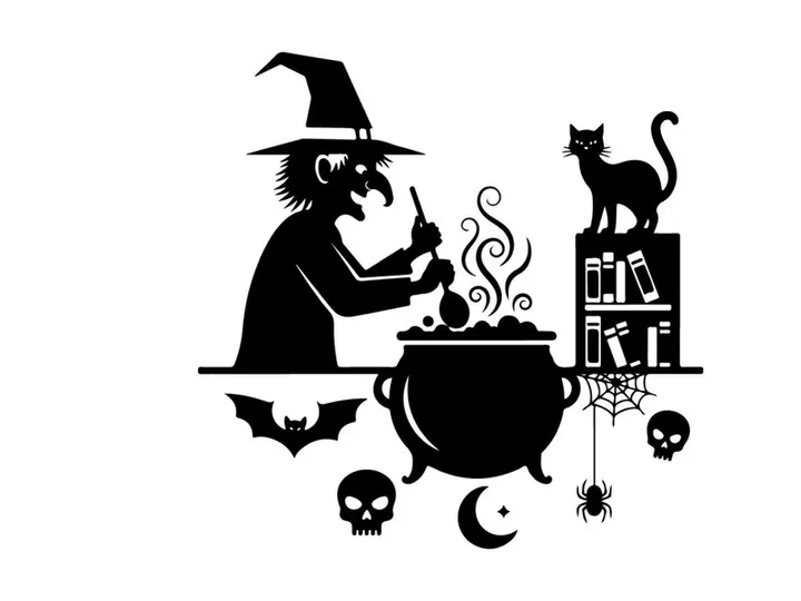 Silhouette of witch stirring cauldron with cat and halloween symbols