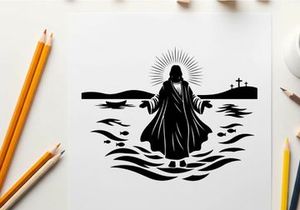 Jesus christ silhouette walking on water with radiant halo