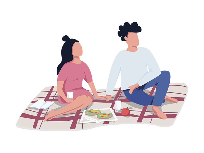 Couple on romantic picnic date semi flat color vector characters