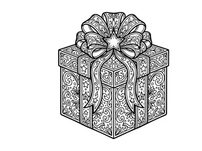 Caja de regalo navideña con lazo ornamentado, ilustración de arte lineal en blanco y negro para página de colorear.