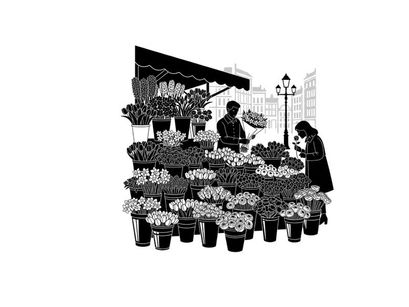 Silhouette of a flower vendor and customer in a bustling urban setting silhouette