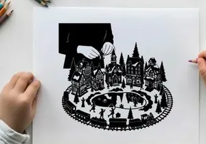 Silhouette of a person building a miniature winter village scene