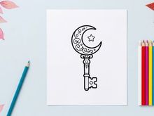 Crescent moon and star key pendant on chain. Vintage Islamic jewelry symbol for home decor or fashion accessory.