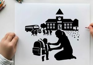 Silhouette of mother helping child with backpack at school