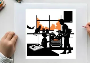 Silhouette of family in kitchen with burning house in background