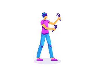 Man play with VR controllers flat color vector faceless character preview picture