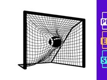Soccer ball flying into goal net on white background