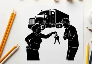 Silhouette of a woman handing keys to a man with a semi truck in the background