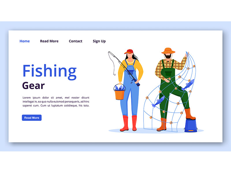 Fishing gear landing page vector template