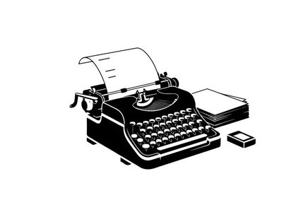 Vintage typewriter silhouette with paper and ribbon