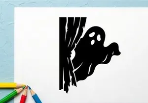 Silhouette of a ghost peeking through a curtain for Halloween or spooky themes