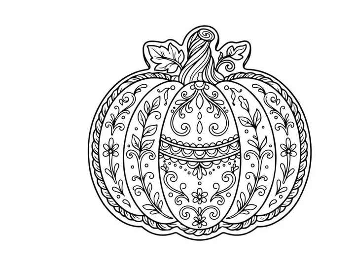 Hand-drawn pumpkin illustration for Halloween decor. Vintage-style autumn gourd sketch with intricate line art details.