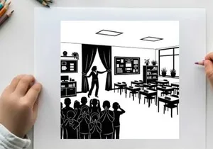 Silhouette of a teacher and students in a classroom setting with curtains