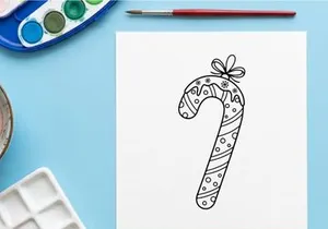 Handgezeichnete Zuckerstangen-Dekoration mit Schleife, schwarze und weiße Weihnachts-Linienkunst-Ikone.