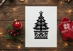 Black and white Christmas tree icon with star and gift box bow design