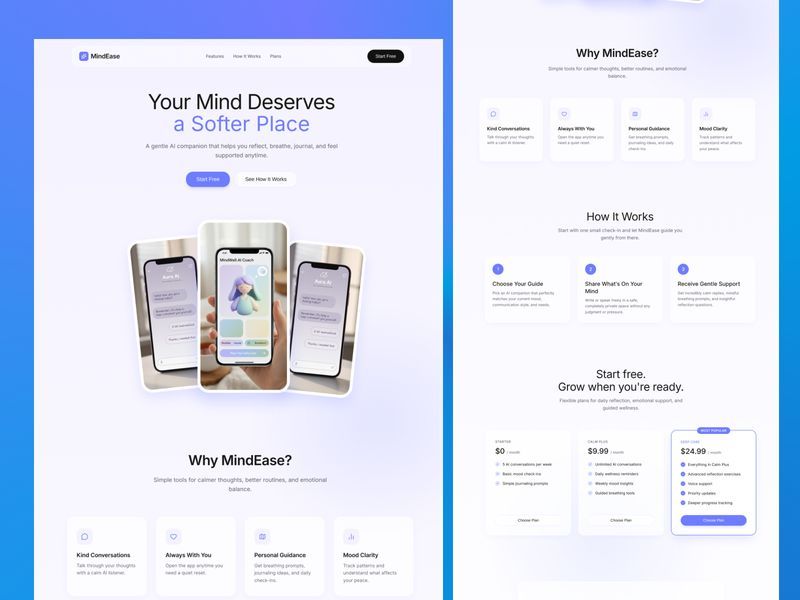 AI Mental Wellness Landing Page Design | Calm UI/UX f