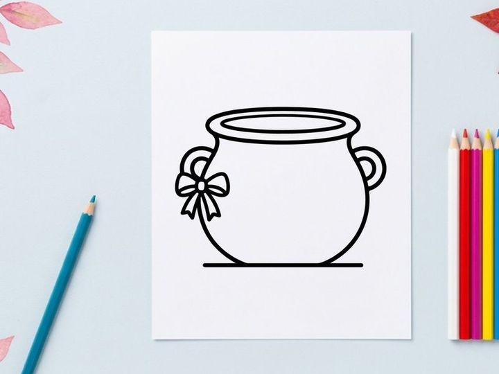 Halloween cauldron icon with a bow. Witch pot line art for holiday design projects.