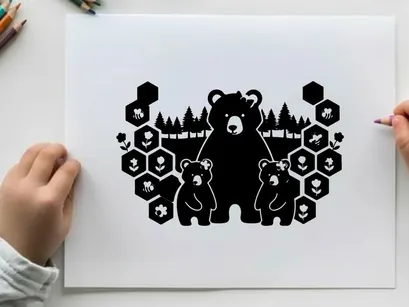 Silhouette of a bear family in forest with honeycombs silhouette