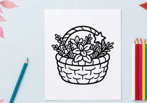 Hand-drawn Halloween basket with white flowers and stars. Vintage wicker trick-or-treat container filled with spooky floral decorations.