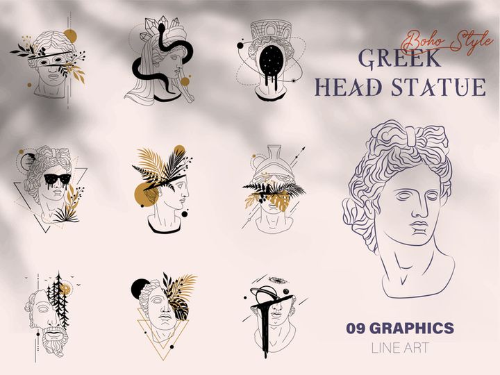 Set of statue face of greek with flowers. Ancient portrait of marble sculpture in creative linear style. Head of woman in trendy broken style. Vector collection illustration