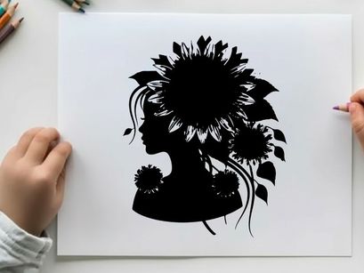 Silhouette of a woman with sunflowers in her hair