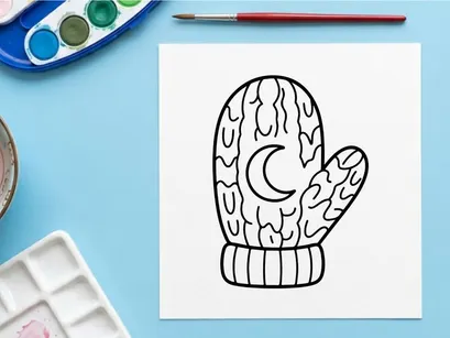 Hand-drawn Halloween mitten with spooky brain design. Cartoon winter glove featuring creepy organ pattern for festive decor.