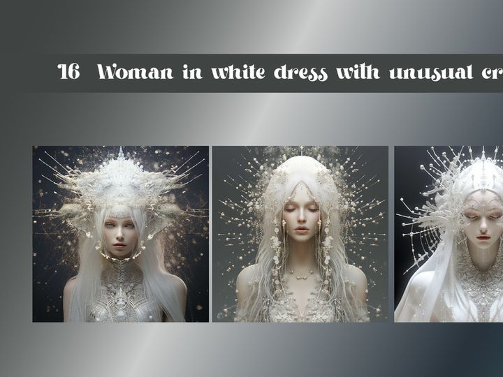 Woman in white dress with unusual crown