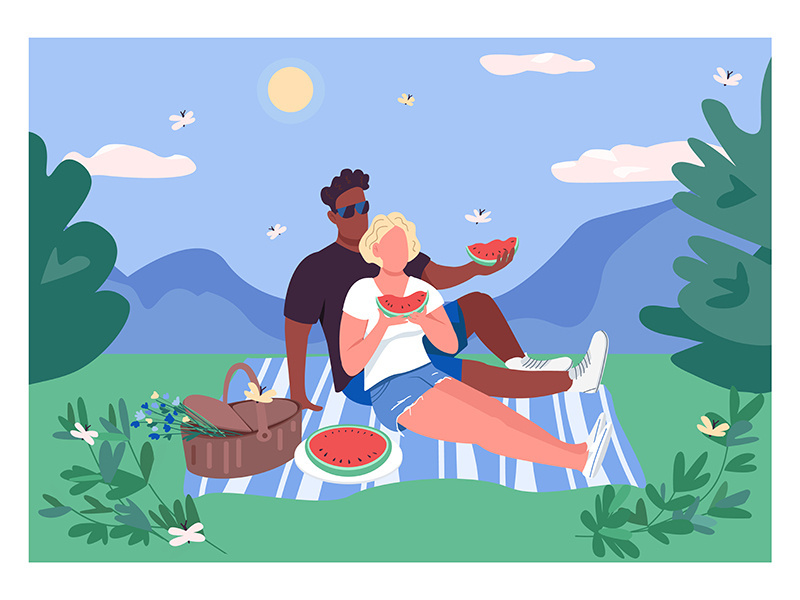 Summer couple picnic flat color vector illustration