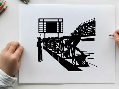 Silhouette of athletes at starting line in a stadium