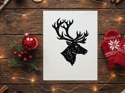 Black and white deer head silhouette illustration with detailed antlers for holiday design.